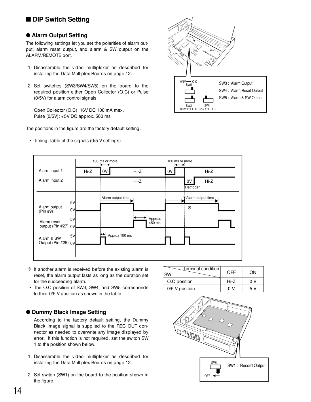 Panasonic WJ-FS616C manual DIP Switch Setting, Alarm Output Setting, Dummy Black Image Setting 