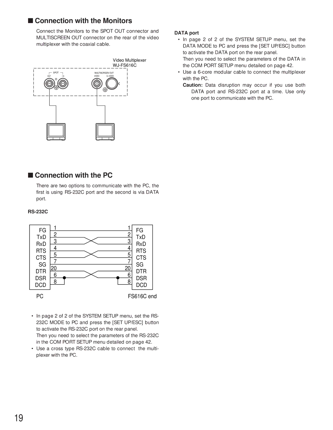 Panasonic WJ-FS616C manual Connection with the Monitors, Connection with the PC, Data port, RS-232C 