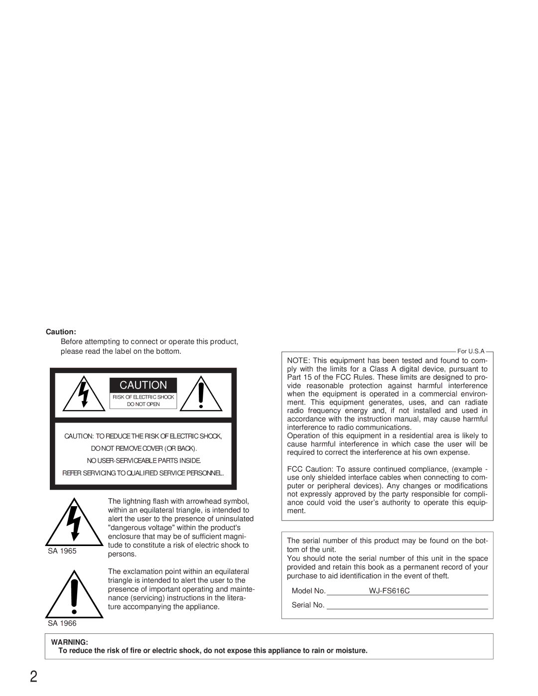 Panasonic WJ-FS616C manual Lightning flash with arrowhead symbol 