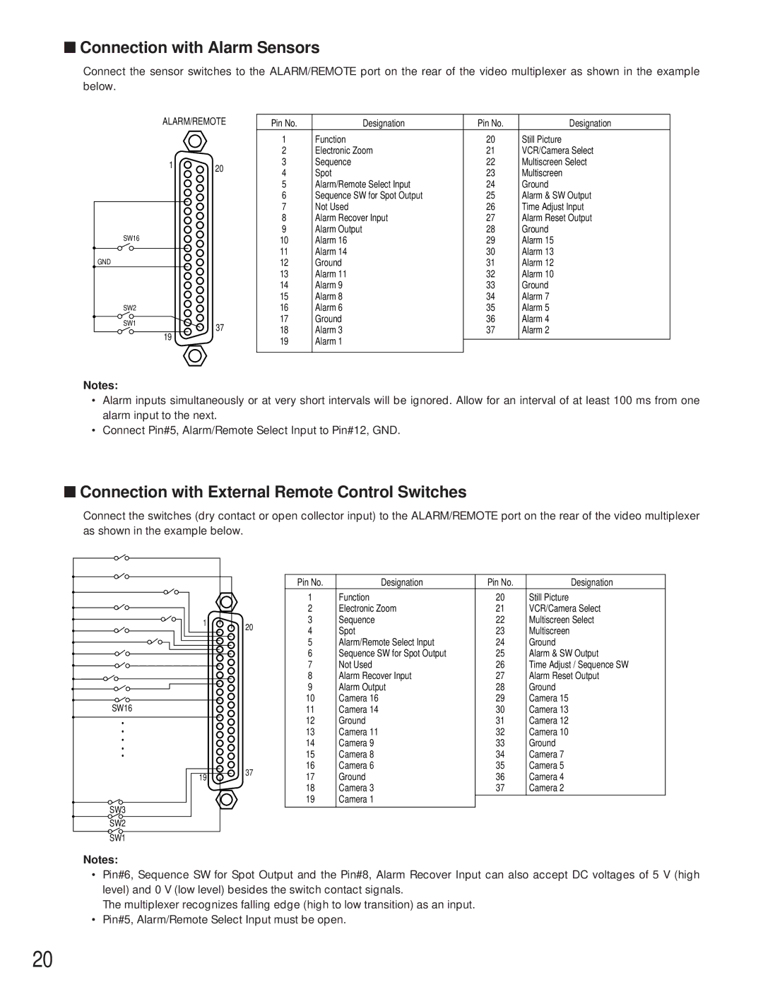 Panasonic WJ-FS616C manual Connection with Alarm Sensors, Connection with External Remote Control Switches 