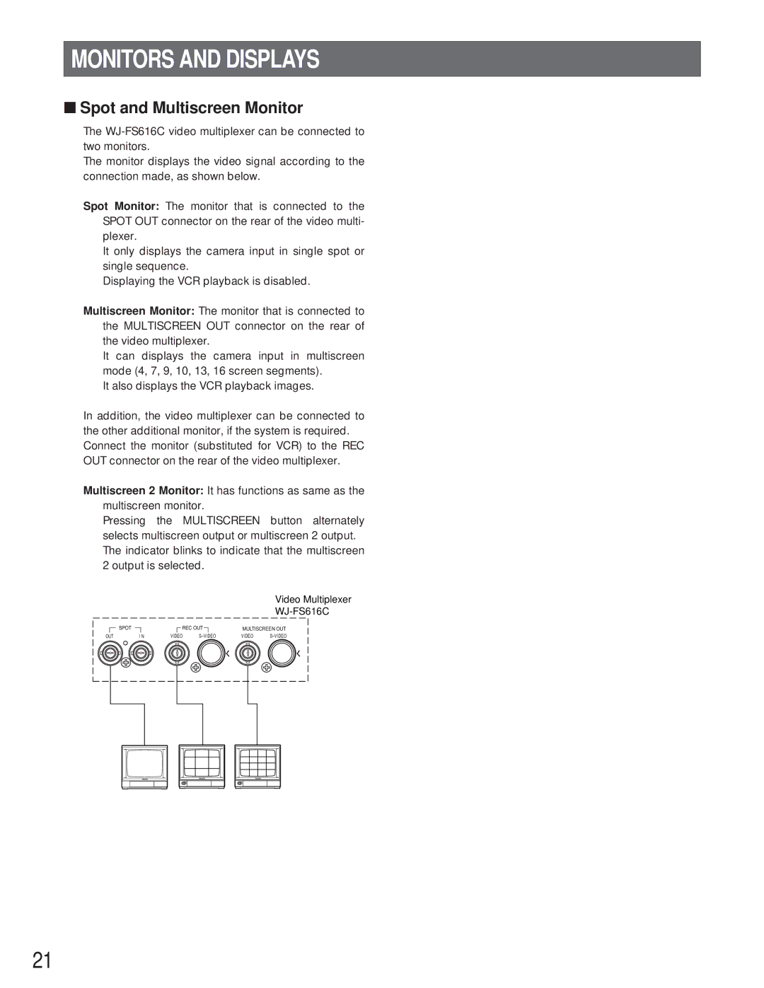 Panasonic WJ-FS616C manual Monitors and Displays, Spot and Multiscreen Monitor 