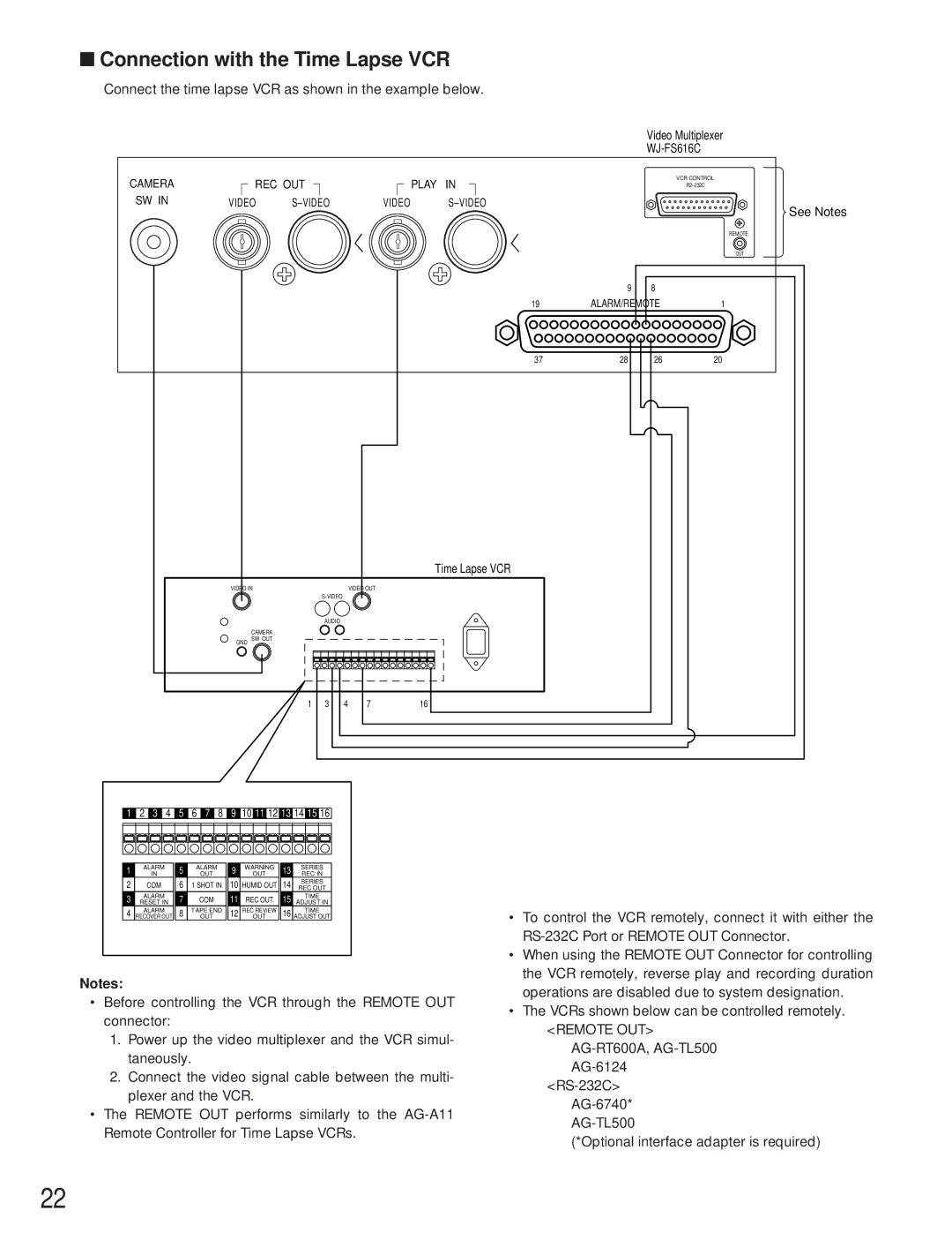 Panasonic WJ-FS616C manual Connection with the Time Lapse VCR, Connect the time lapse VCR as shown in the example below 