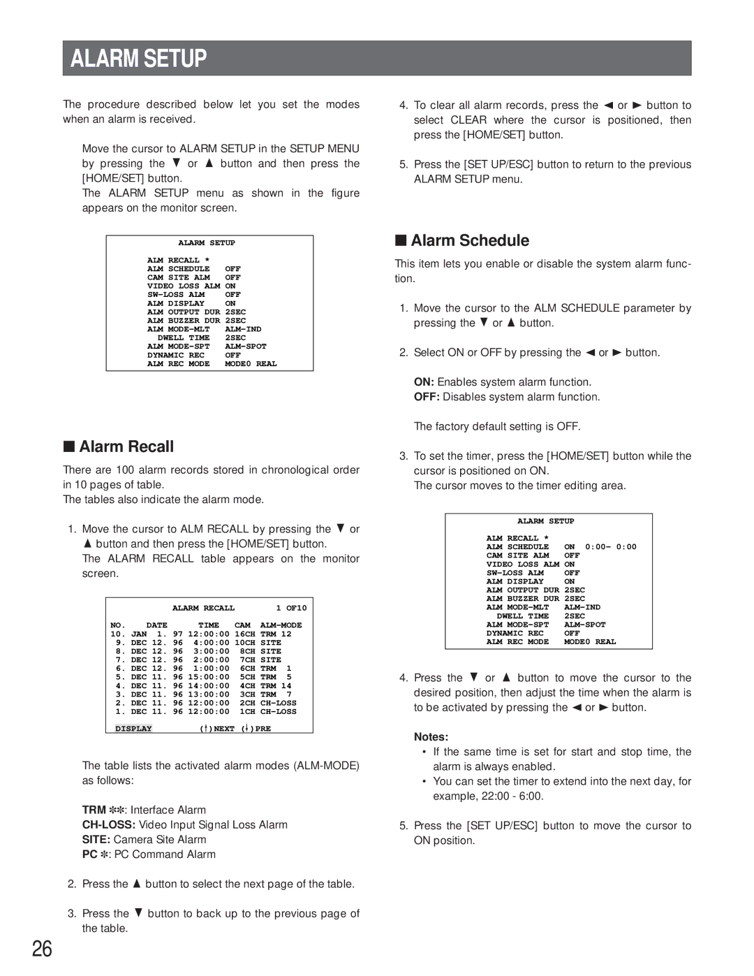 Panasonic WJ-FS616C manual Alarm Setup, Alarm Recall, Alarm Schedule 