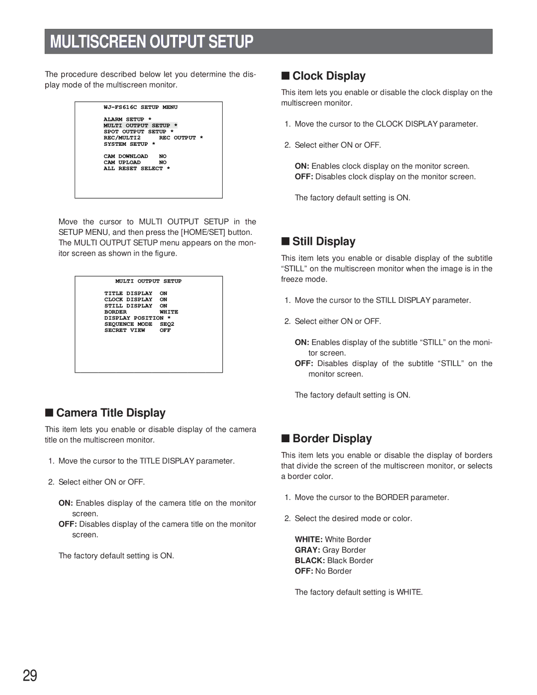 Panasonic WJ-FS616C manual Multiscreen Output Setup, Camera Title Display, Clock Display, Still Display, Border Display 