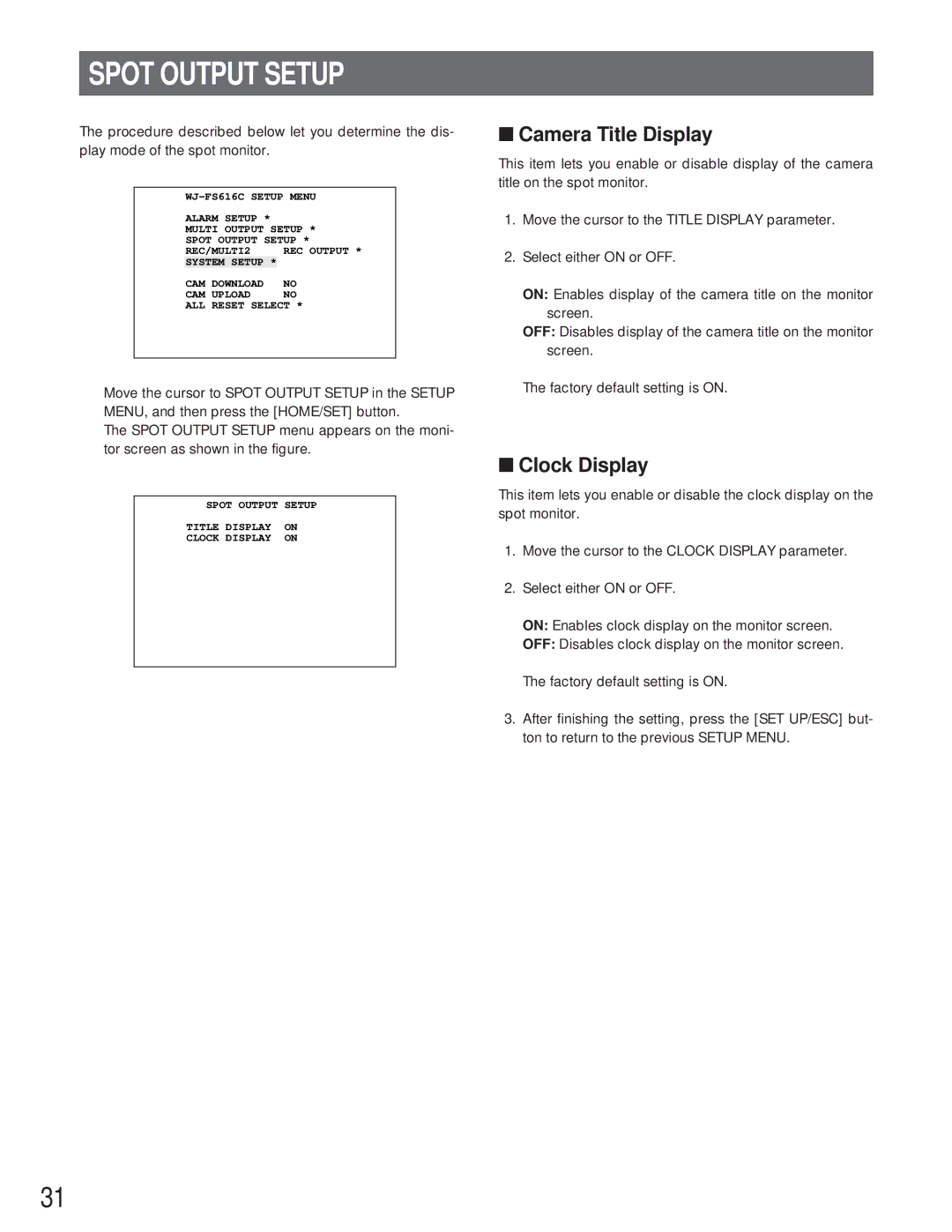 Panasonic WJ-FS616C manual Spot Output Setup 