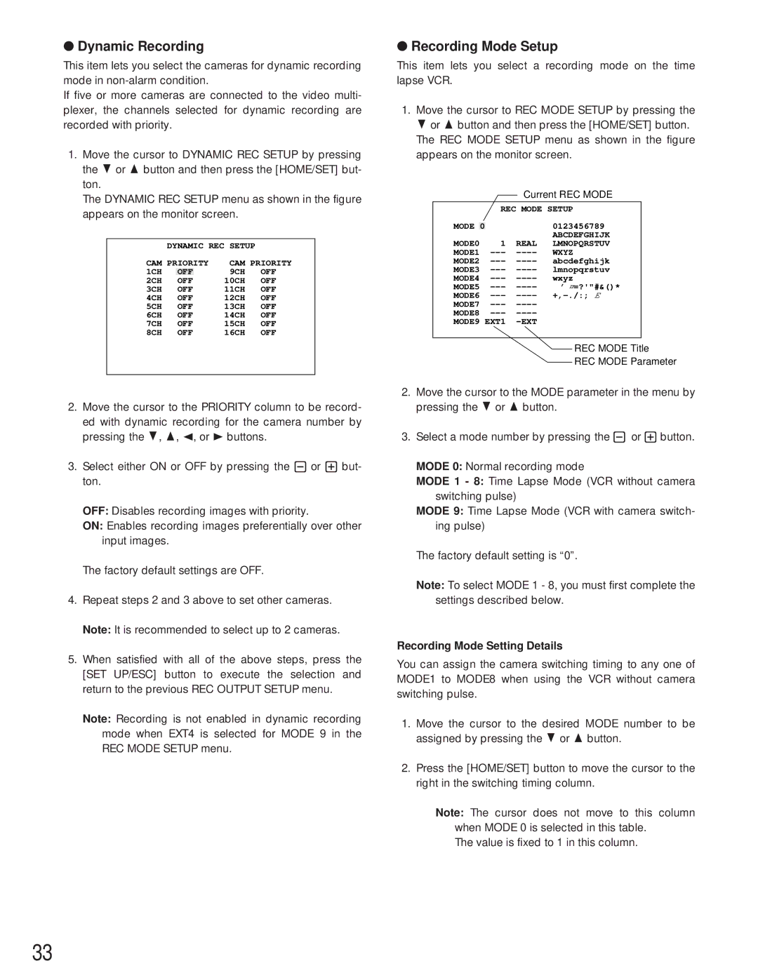 Panasonic WJ-FS616C manual Dynamic Recording, Recording Mode Setup, Recording Mode Setting Details 