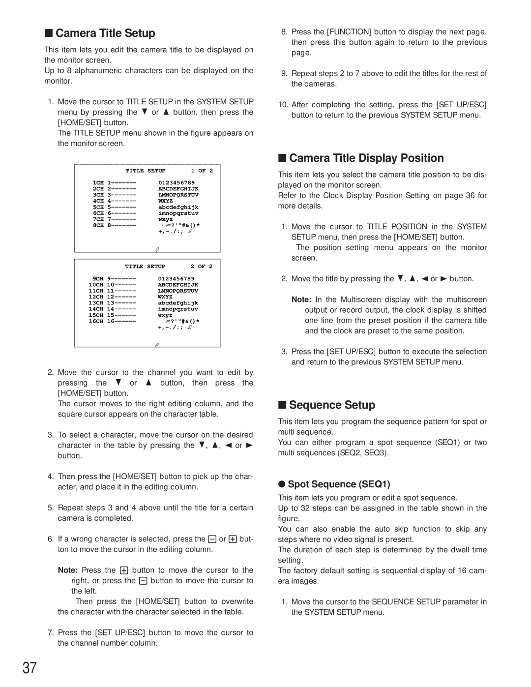 Panasonic WJ-FS616C manual Camera Title Setup, Camera Title Display Position, Sequence Setup, Spot Sequence SEQ1 