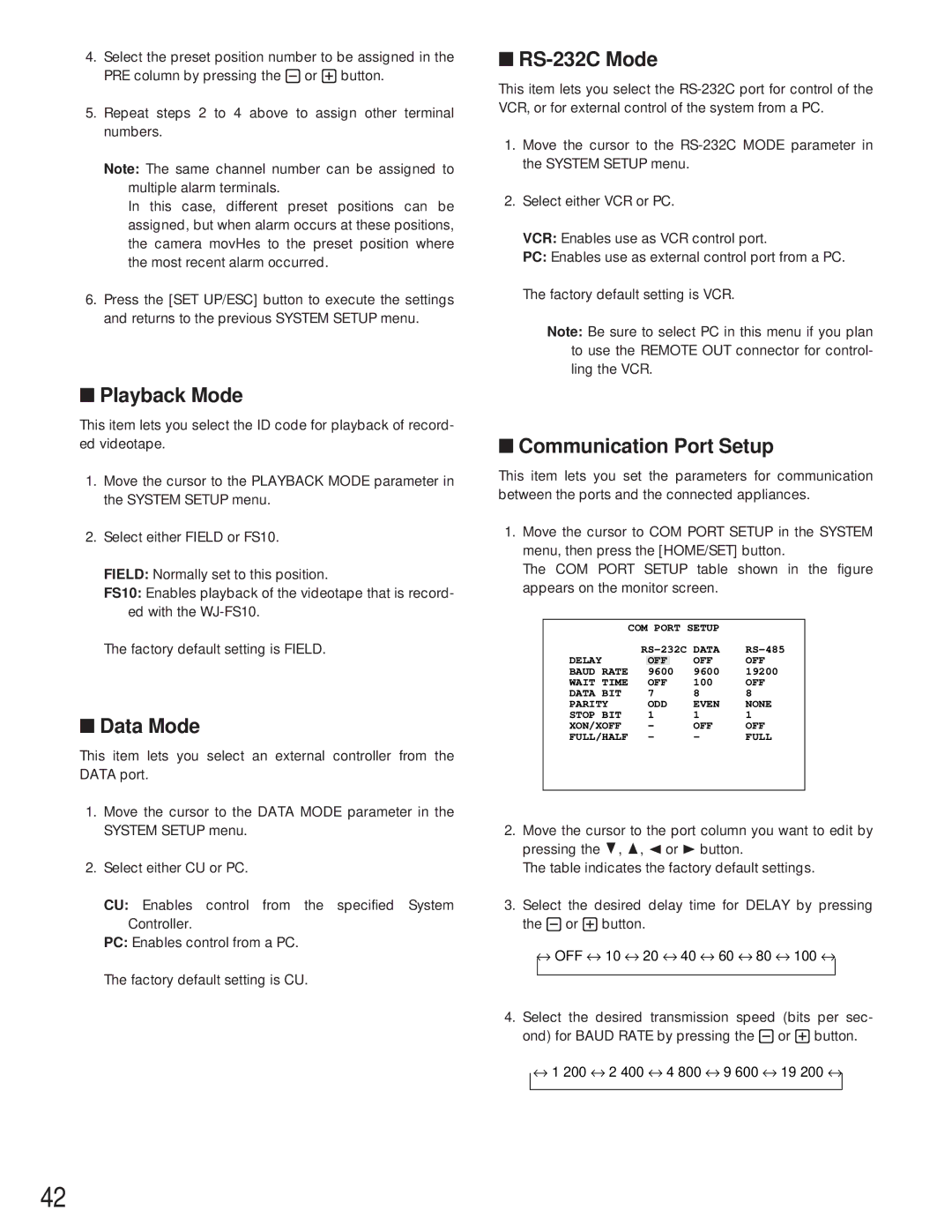 Panasonic WJ-FS616C manual Playback Mode, Data Mode, RS-232C Mode, Communication Port Setup 