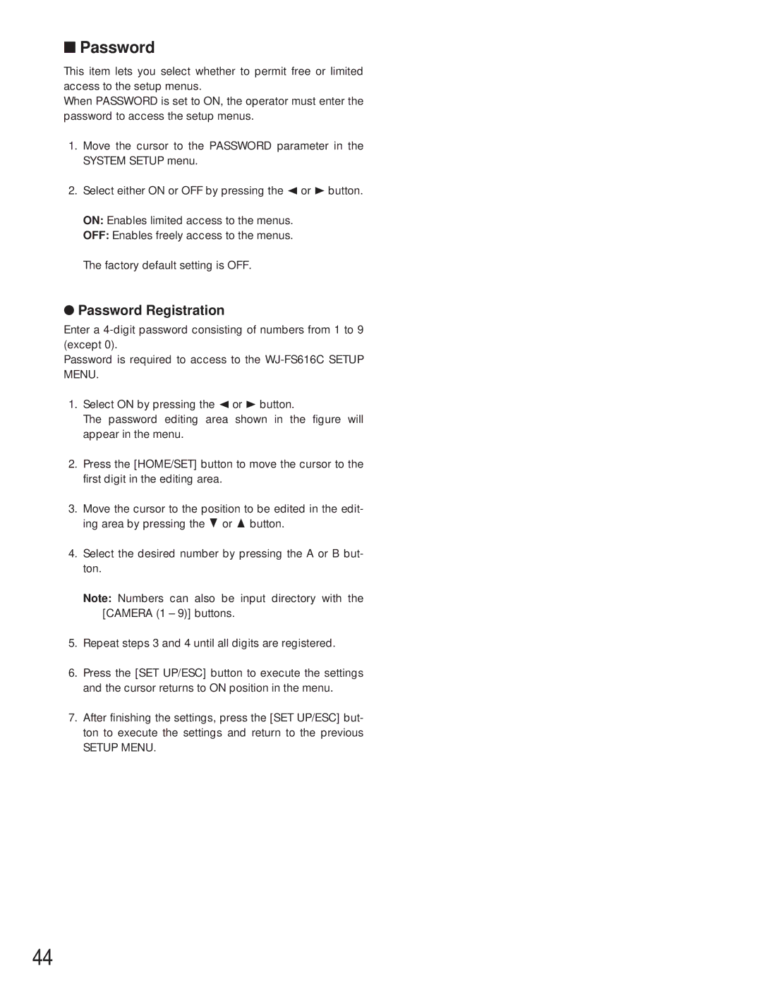 Panasonic WJ-FS616C manual Password Registration 