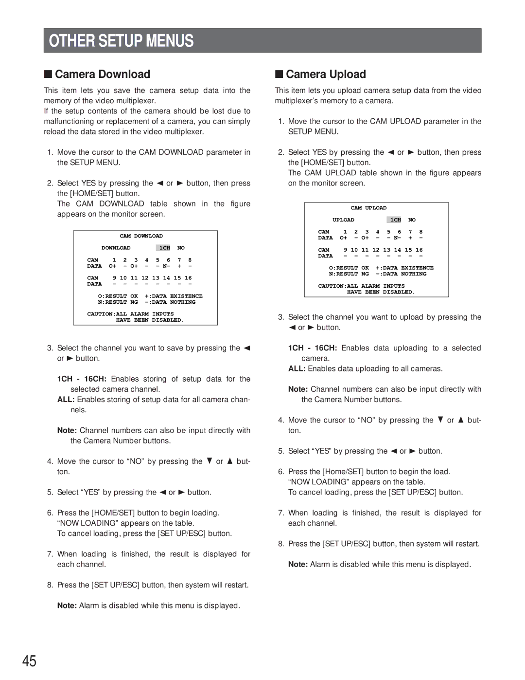 Panasonic WJ-FS616C manual Other Setup Menus, Camera Download, Camera Upload 