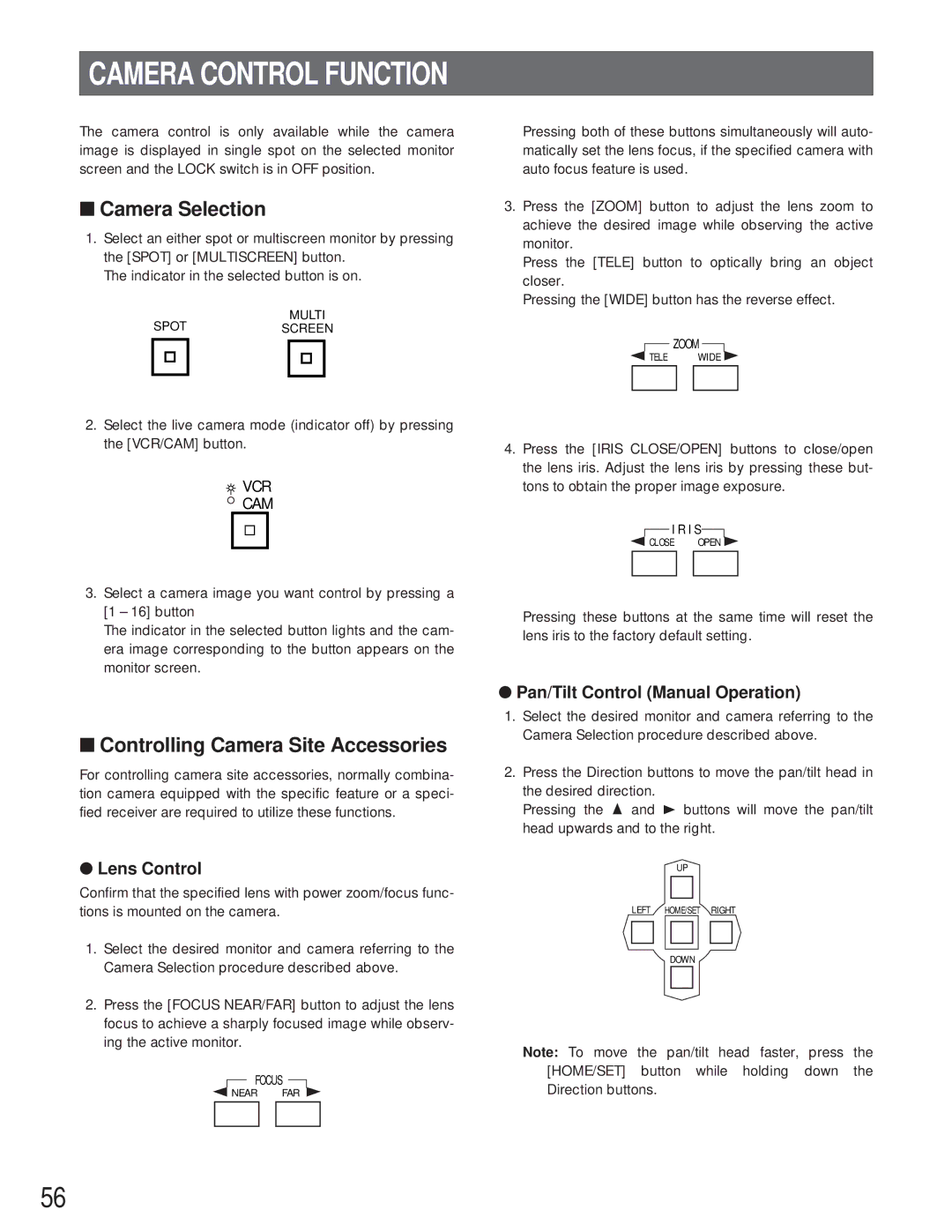 Panasonic WJ-FS616C manual Camera Control Function, Camera Selection, Controlling Camera Site Accessories, Lens Control 