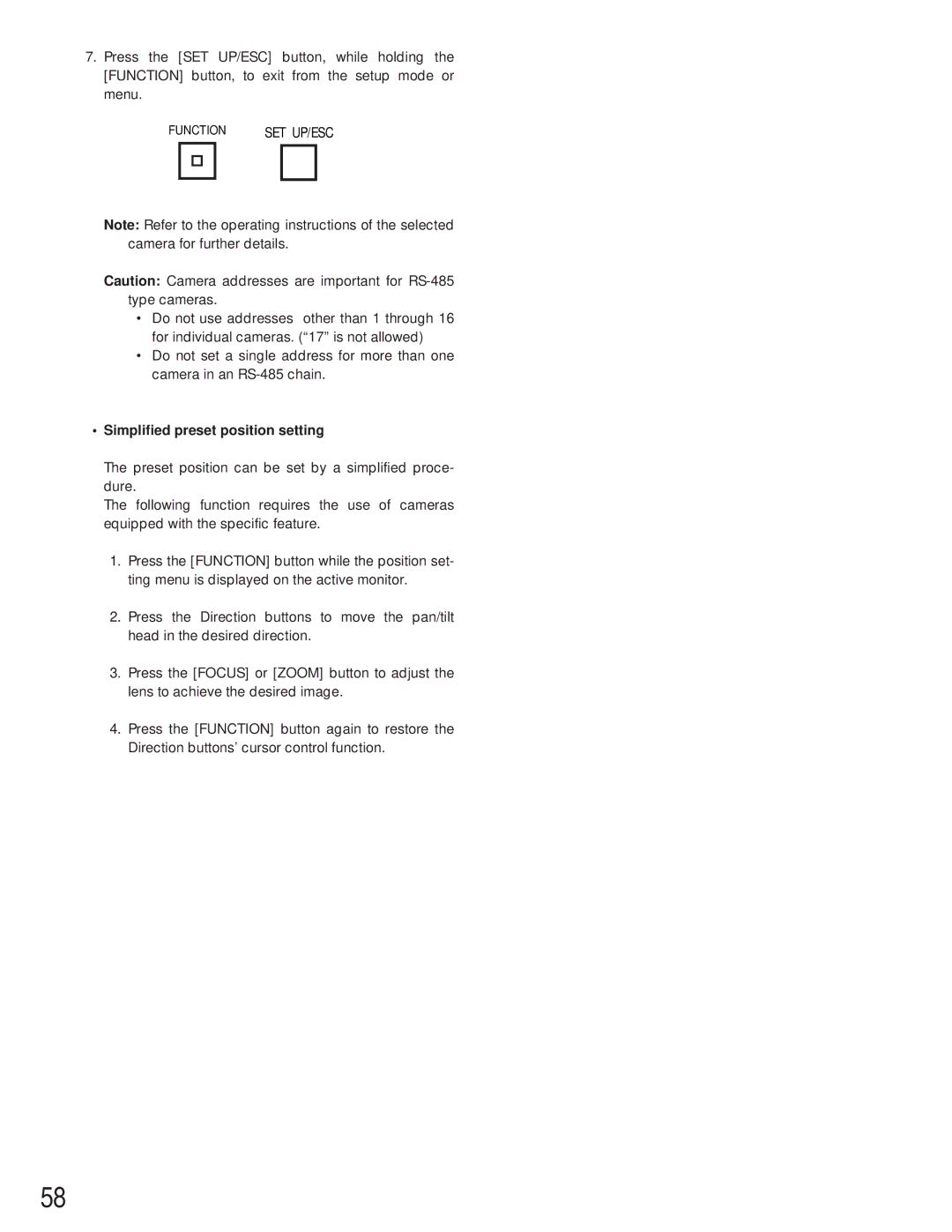 Panasonic WJ-FS616C manual Simplified preset position setting 