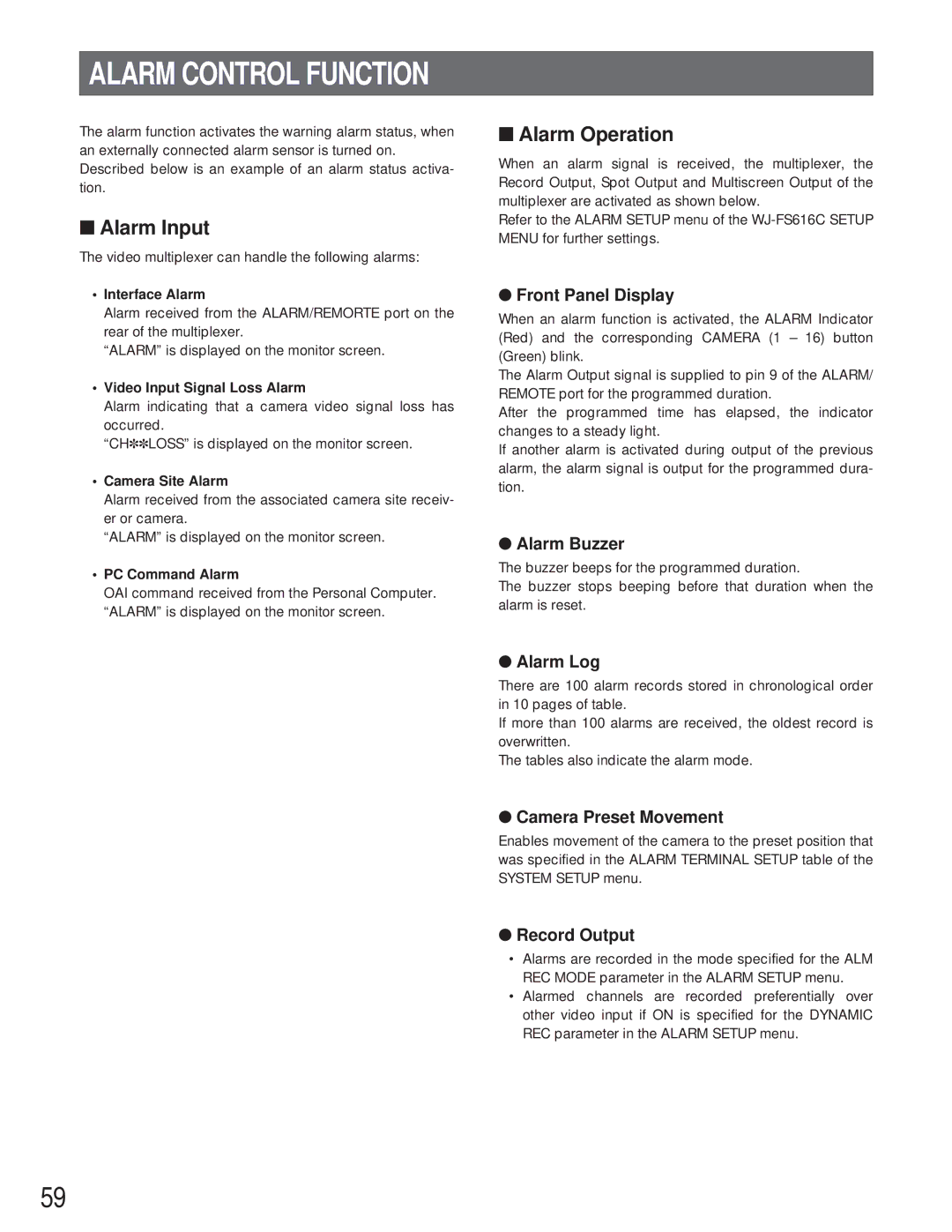 Panasonic WJ-FS616C manual Alarm Control Function, Alarm Input, Alarm Operation 