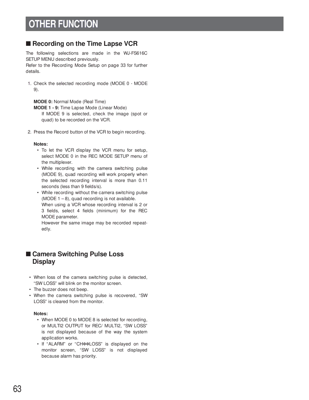 Panasonic WJ-FS616C manual Other Function, Recording on the Time Lapse VCR, Camera Switching Pulse Loss Display 