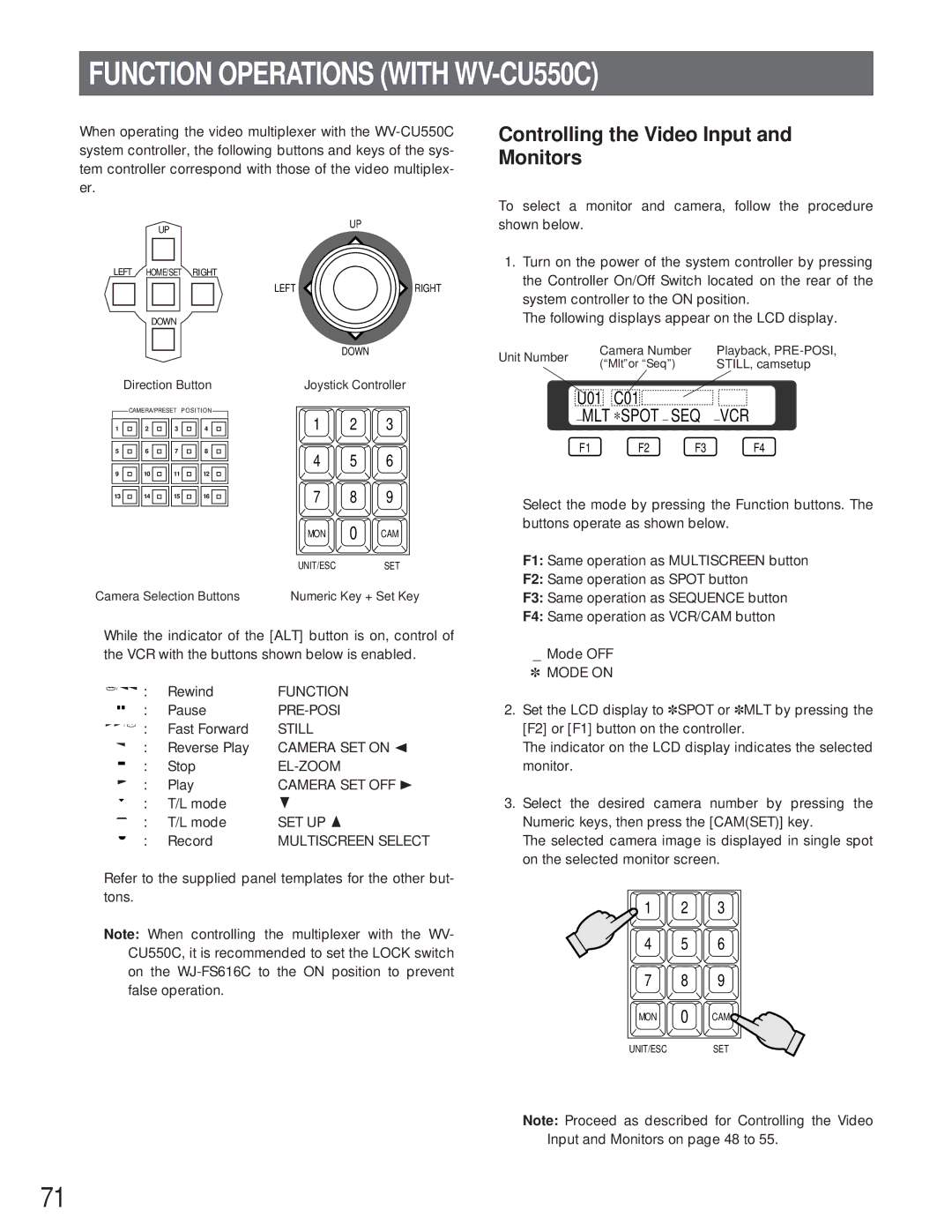 Panasonic WJ-FS616C manual Function Operations with WV-CU550C, Controlling the Video Input and Monitors 