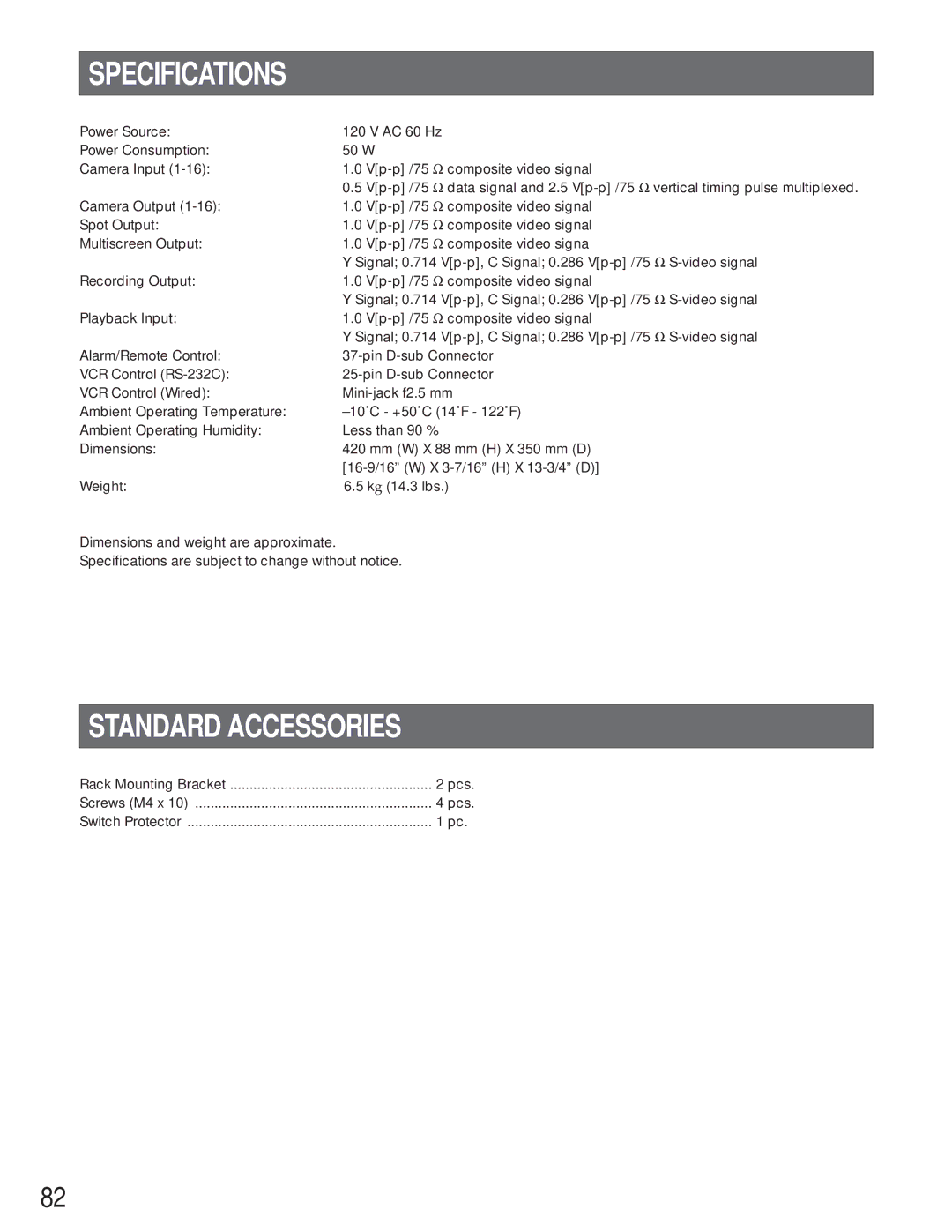 Panasonic WJ-FS616C manual Specifications, Standard Accessories 