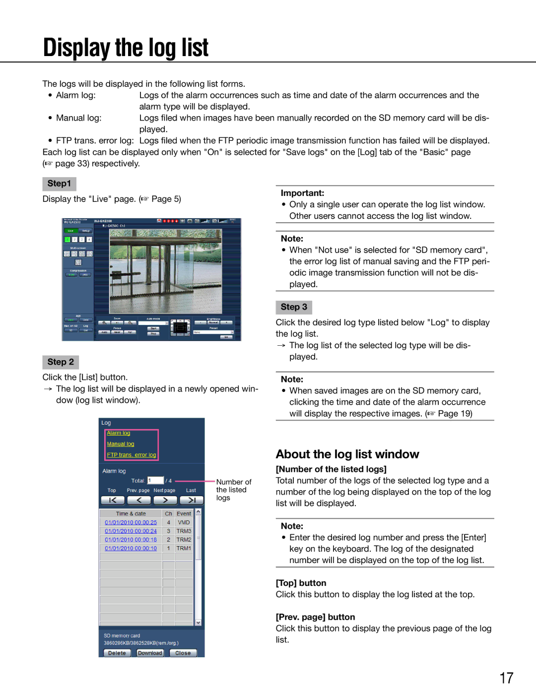 Panasonic WJ-GXE500E manual Display the log list, Number of the listed logs, Top button, Prev. page button 