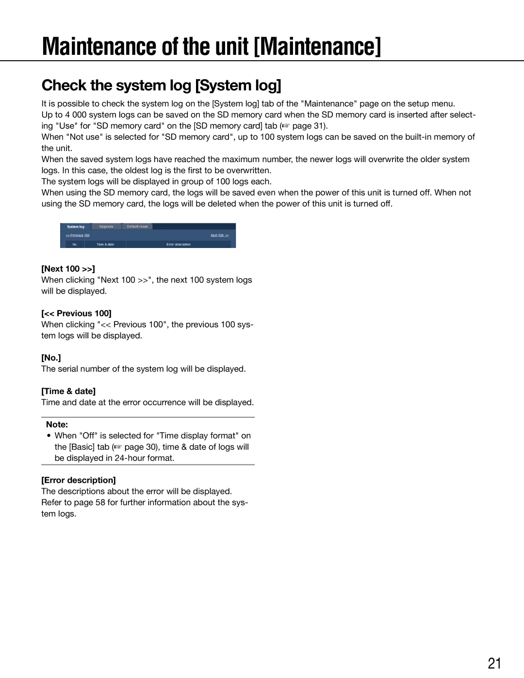 Panasonic WJ-GXE500E manual Maintenance of the unit Maintenance, Check the system log System log, Next, Previous 