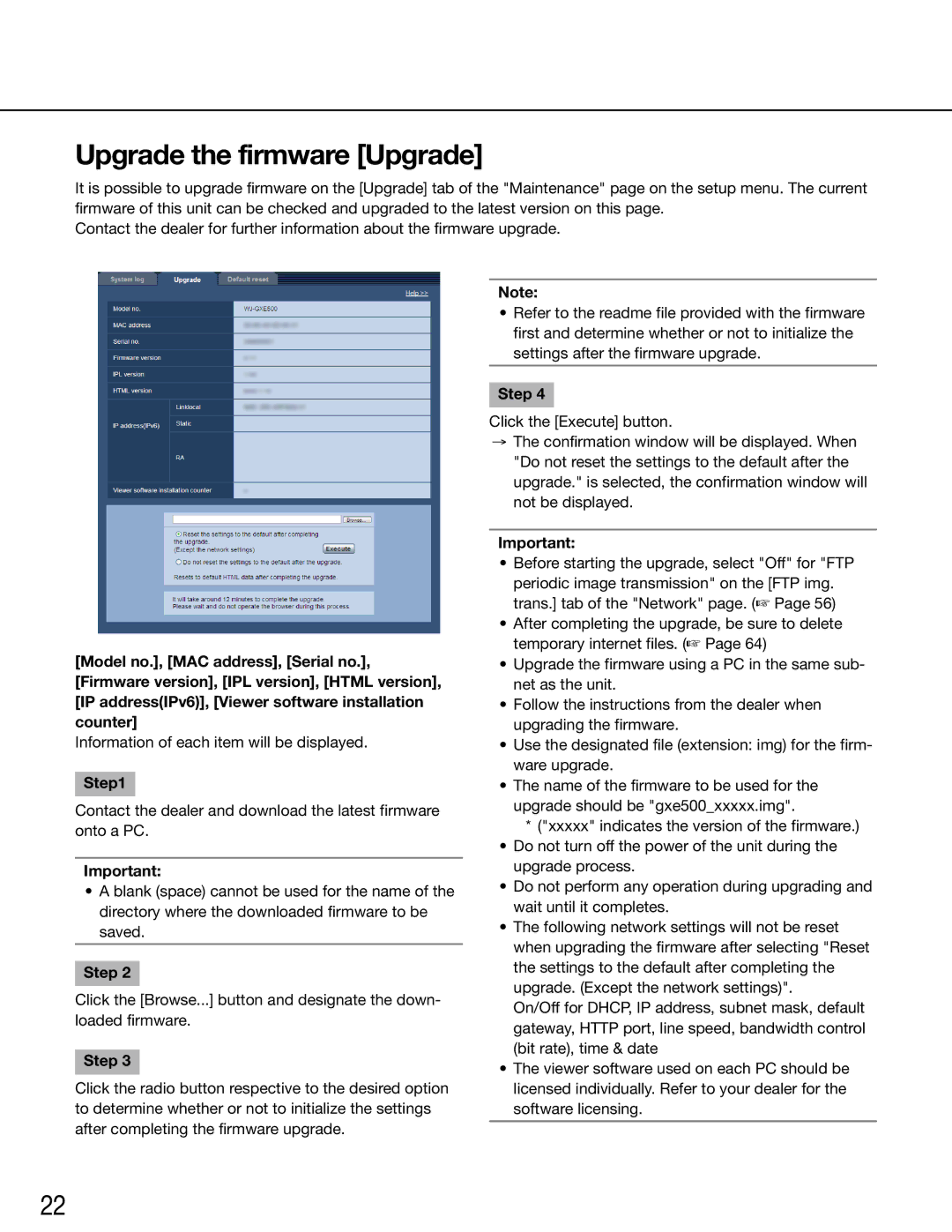 Panasonic WJ-GXE500E manual Upgrade the firmware Upgrade, Step 