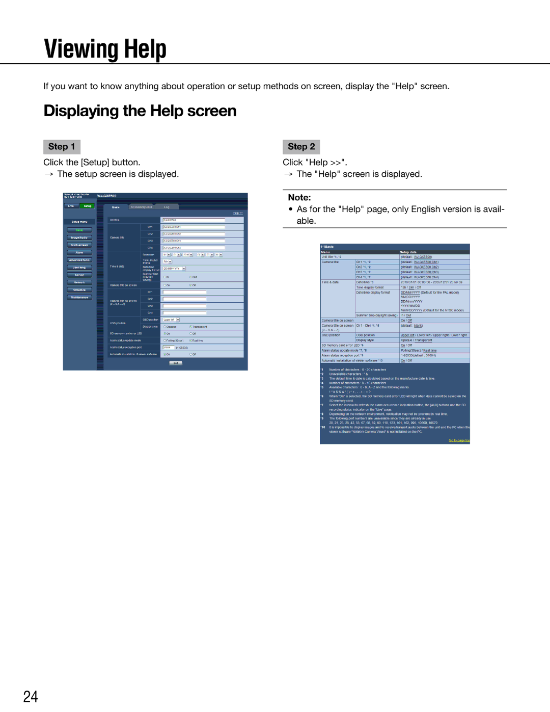 Panasonic WJ-GXE500E manual Viewing Help, Displaying the Help screen 