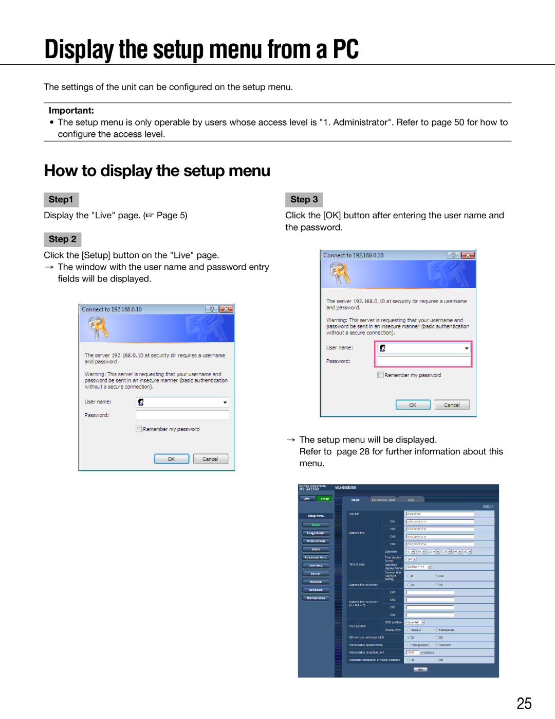 Panasonic WJ-GXE500E manual Display the setup menu from a PC, How to display the setup menu 