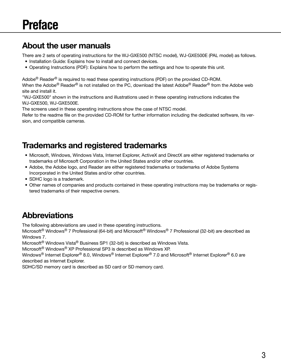 Panasonic WJ-GXE500E manual Preface, Trademarks and registered trademarks, Abbreviations 