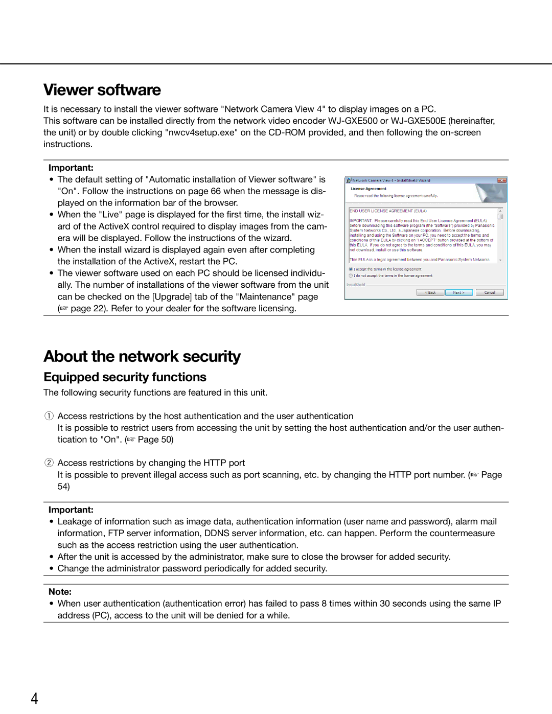 Panasonic WJ-GXE500E manual Viewer software, About the network security 