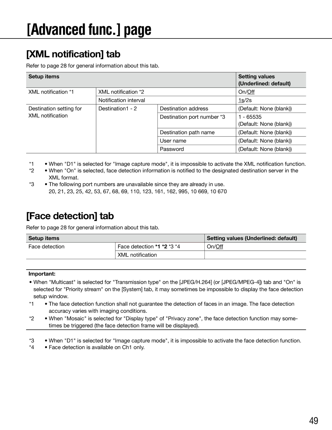 Panasonic WJ-GXE500E manual Advanced func, XML notification tab, Face detection tab 