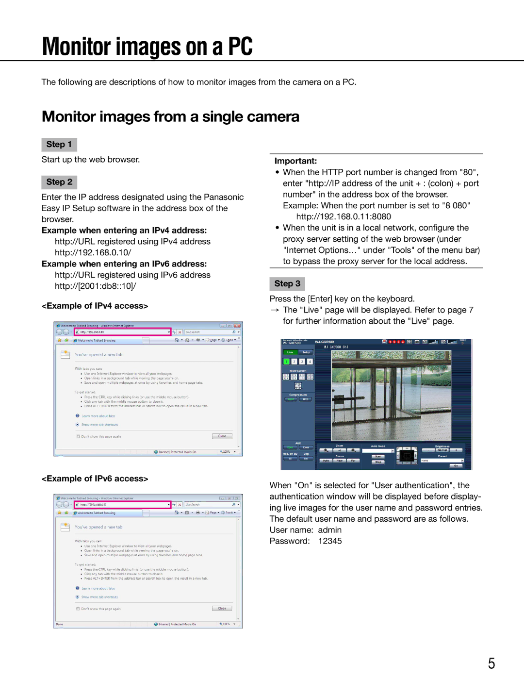 Panasonic WJ-GXE500E manual Monitor images on a PC, Monitor images from a single camera, Step, Example of IPv6 access 