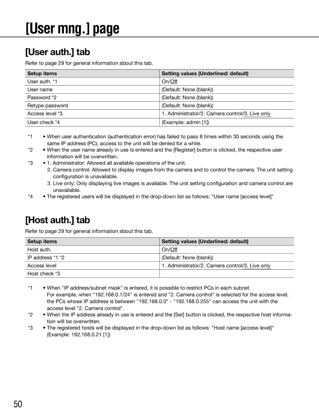 Panasonic WJ-GXE500E manual User mng, User auth. tab, Host auth. tab 