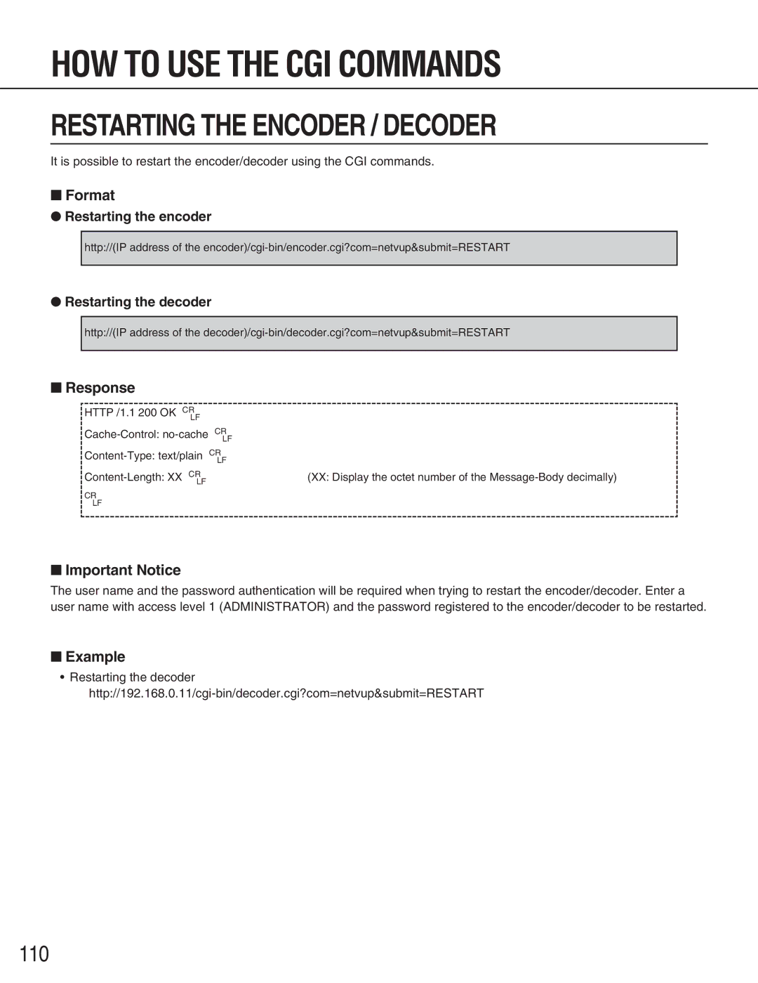 Panasonic WJ-GXE900, WJ-GXD900 manual Restarting the Encoder / Decoder, Example 