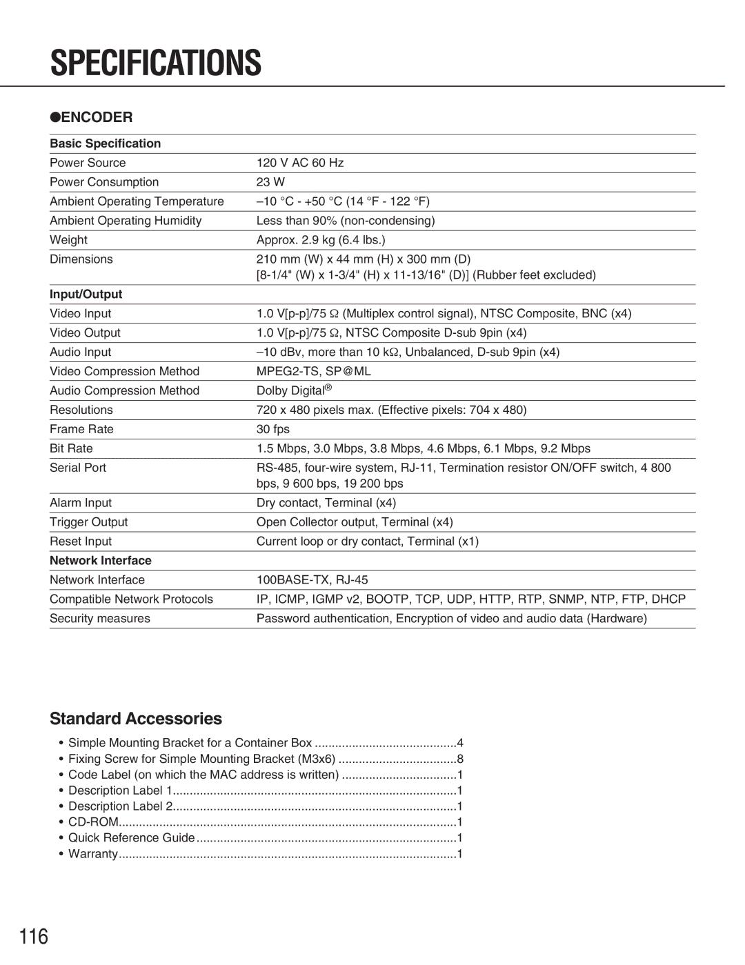 Panasonic WJ-GXE900, WJ-GXD900 Specifications, Standard Accessories, Basic Specification, Input/Output, Network Interface 