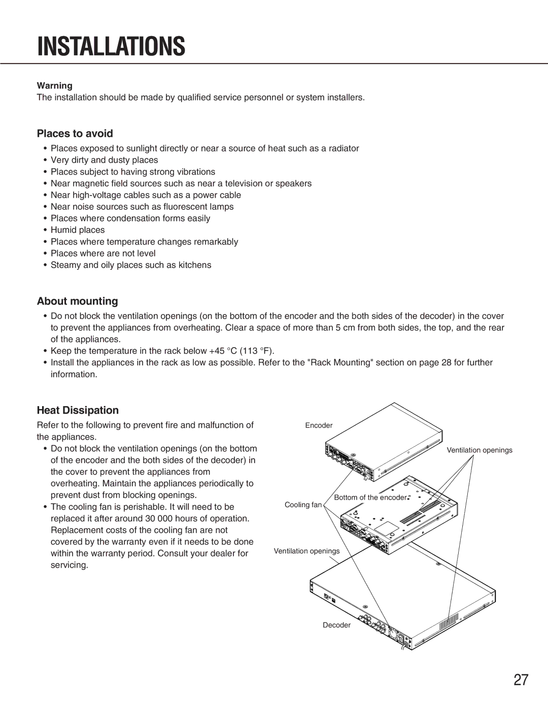 Panasonic WJ-GXD900, WJ-GXE900 manual Installations, Places to avoid, About mounting, Heat Dissipation 