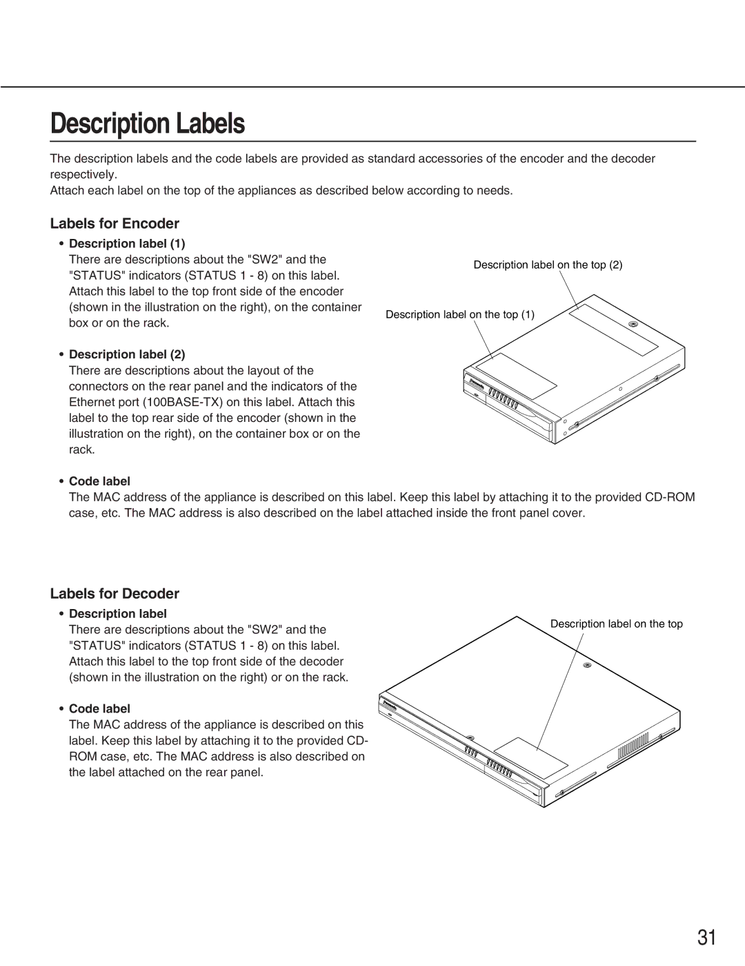 Panasonic WJ-GXD900, WJ-GXE900 manual Labels for Encoder, Labels for Decoder, Description label, Code label 