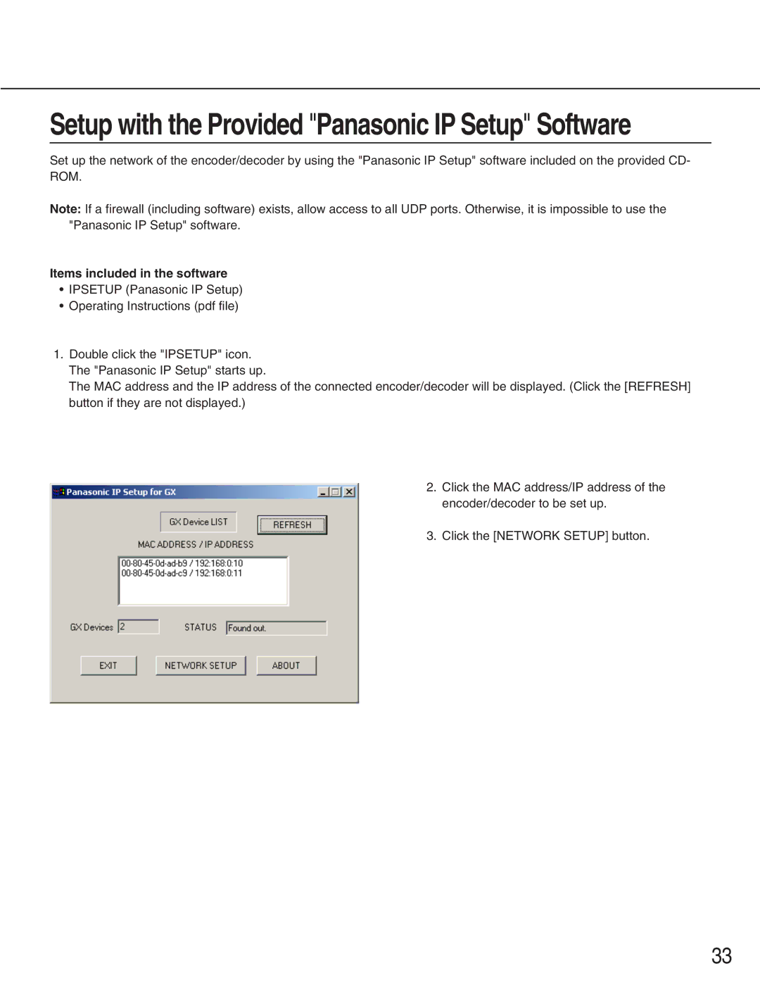 Panasonic WJ-GXD900, WJ-GXE900 manual Setup with the Provided Panasonic IP Setup Software, Items included in the software 