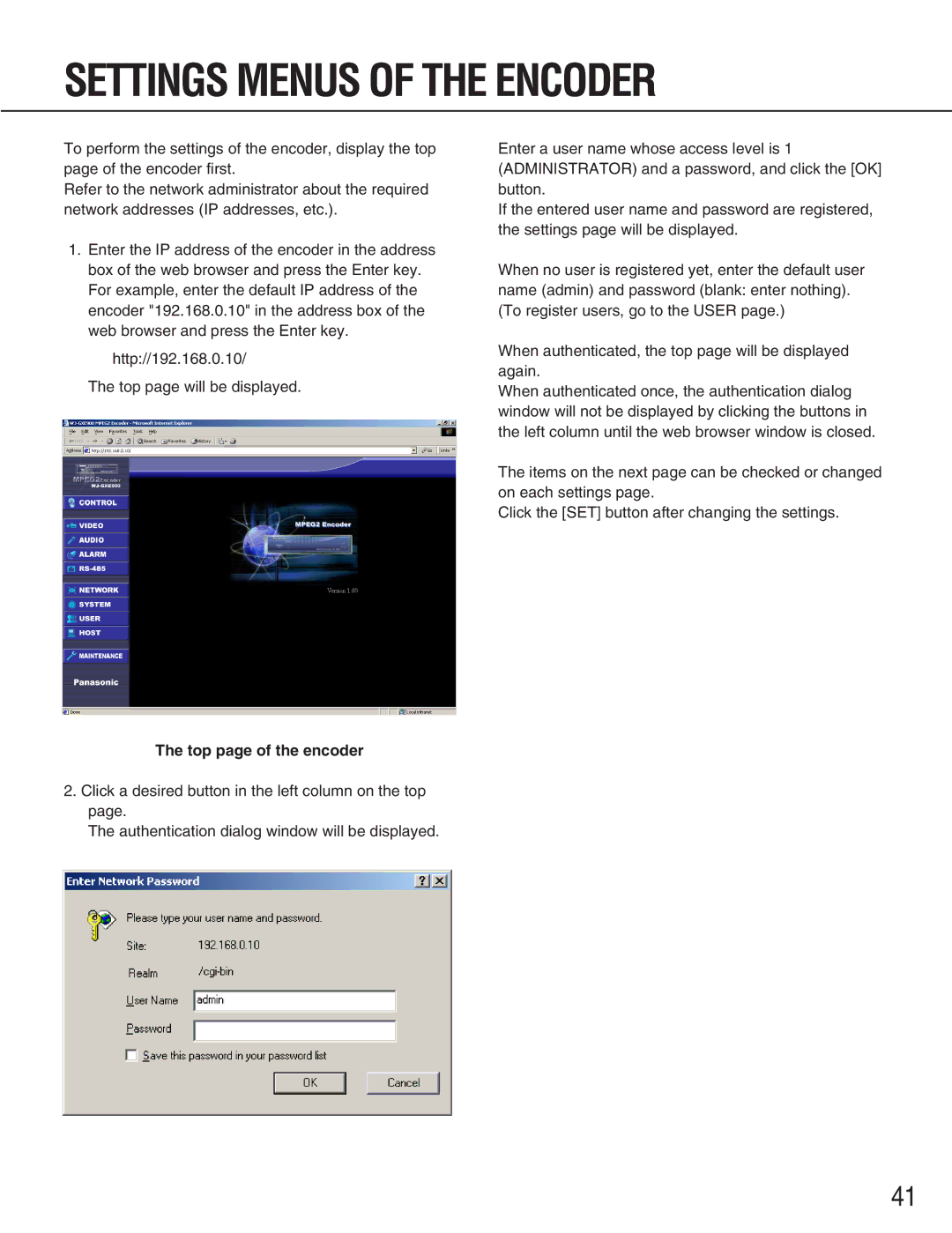 Panasonic WJ-GXD900, WJ-GXE900 manual Settings Menus of the Encoder, Top page of the encoder 