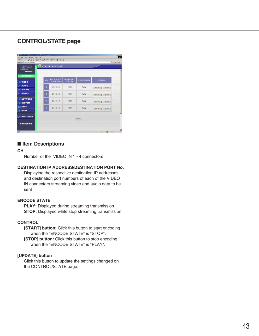 Panasonic WJ-GXD900, WJ-GXE900 manual Control/State, Item Descriptions, Encode State 