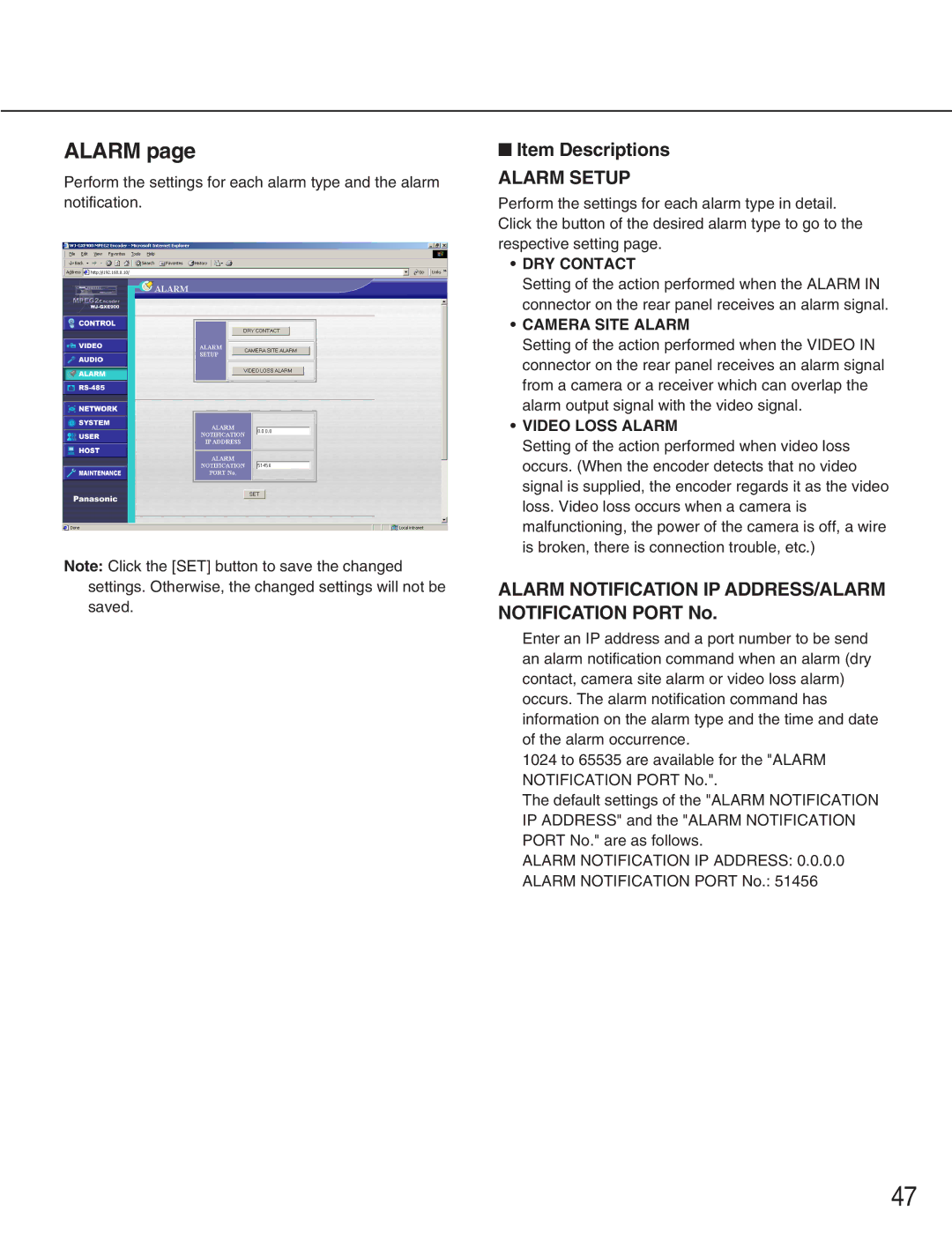 Panasonic WJ-GXD900 manual Alarm Notification IP ADDRESS/ALARM Notification Port No, DRY Contact, Camera Site Alarm 