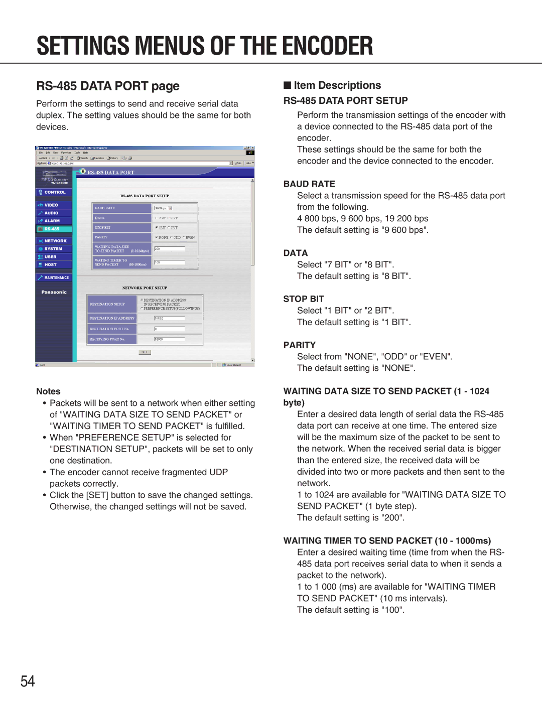 Panasonic WJ-GXE900, WJ-GXD900 manual RS-485 Data Port, Baud Rate, Stop BIT, Parity 