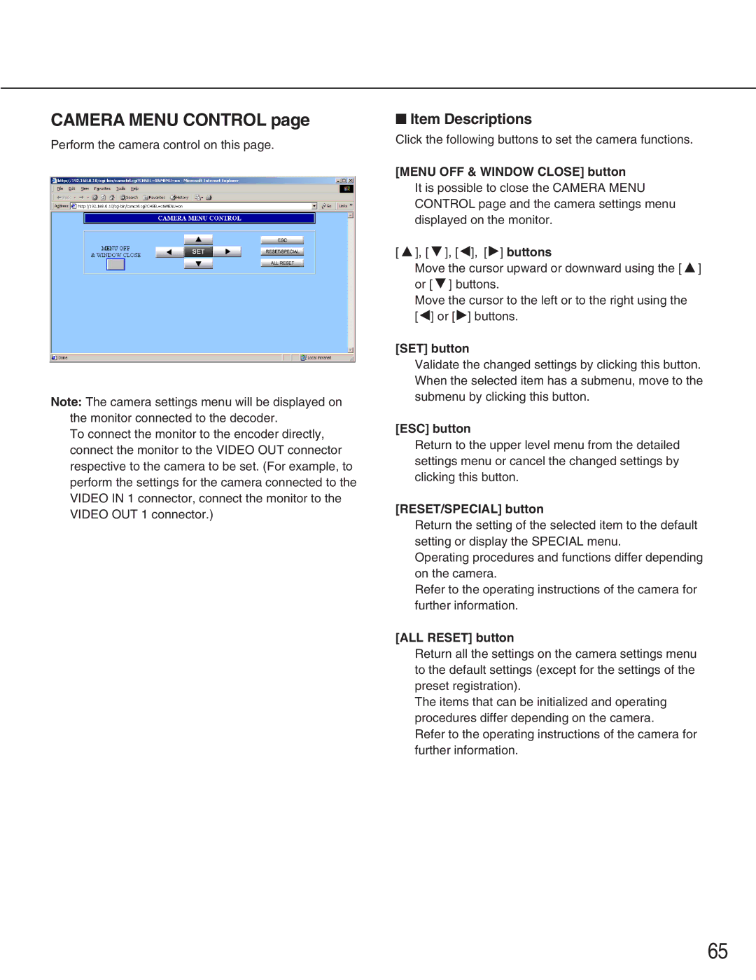 Panasonic WJ-GXD900, WJ-GXE900 manual Camera Menu Control 