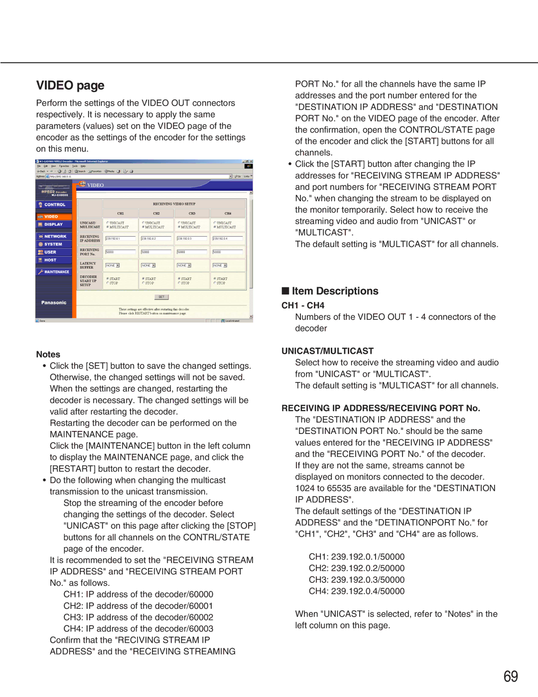 Panasonic WJ-GXD900, WJ-GXE900 manual CH1 CH4, Unicast/Multicast, Receiving IP ADDRESS/RECEIVING Port No 