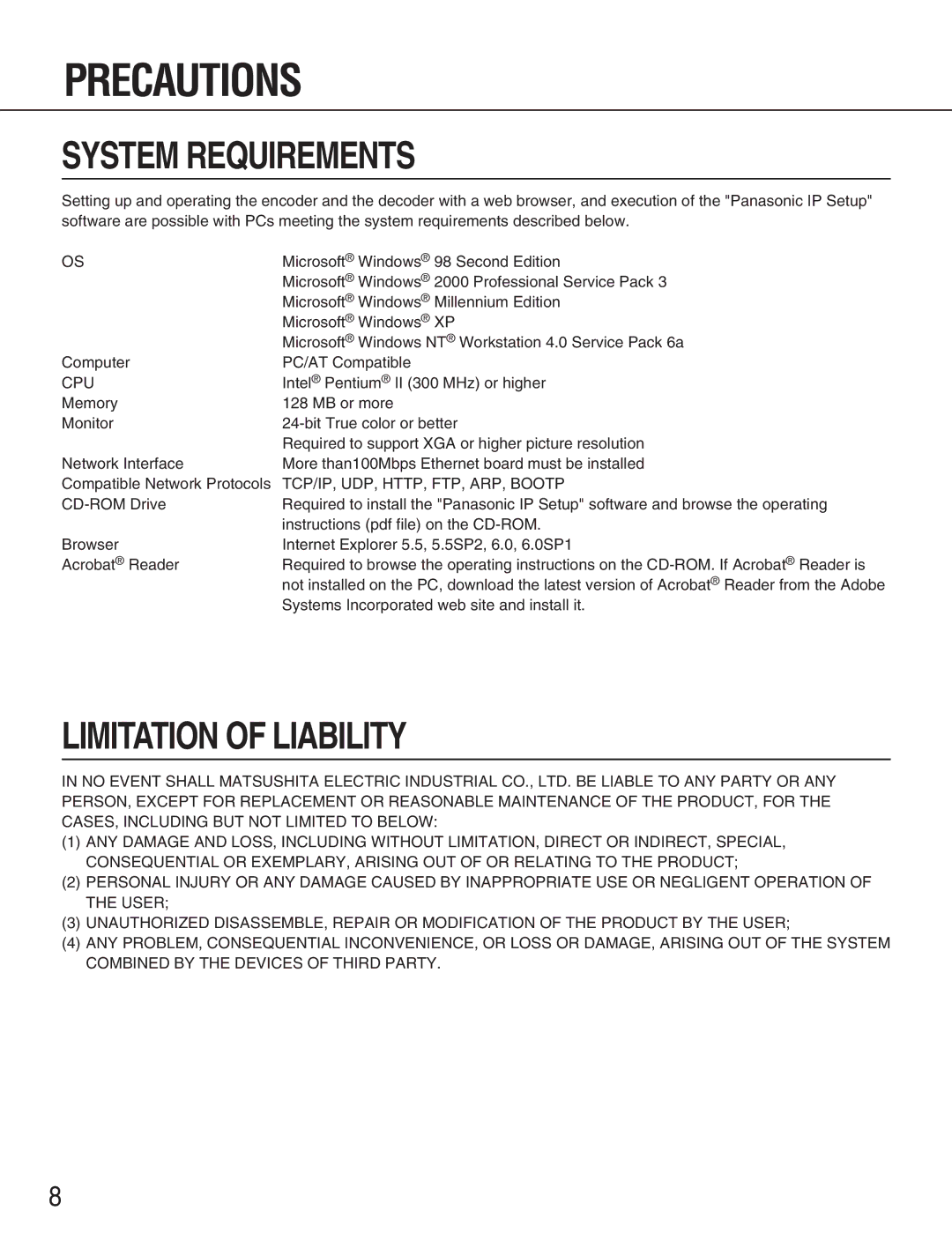 Panasonic WJ-GXE900, WJ-GXD900 manual System Requirements, Limitation of Liability, Cpu, TCP/IP, UDP, HTTP, FTP, ARP, Bootp 