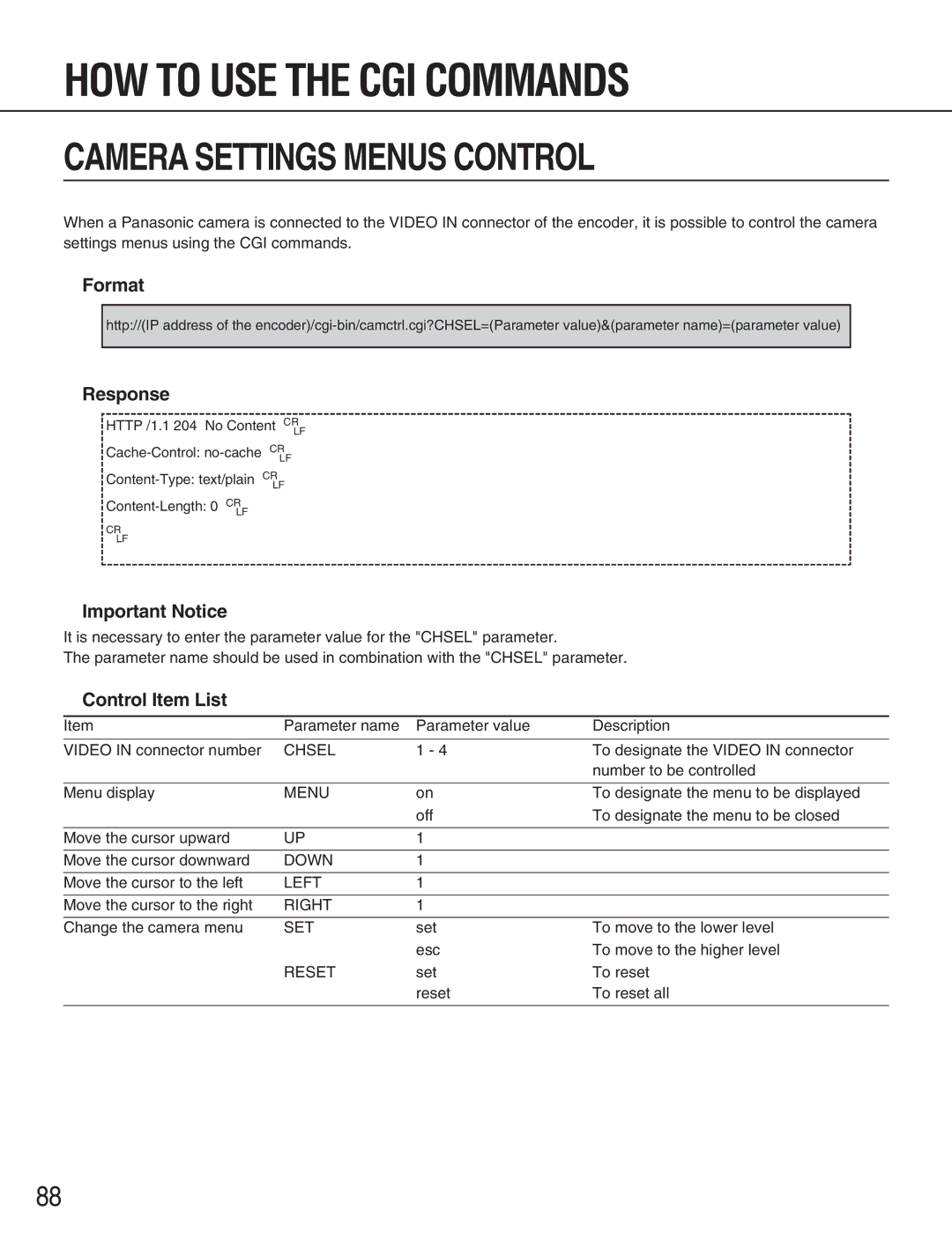 Panasonic WJ-GXE900, WJ-GXD900 manual Camera Settings Menus Control, Important Notice, Control Item List 