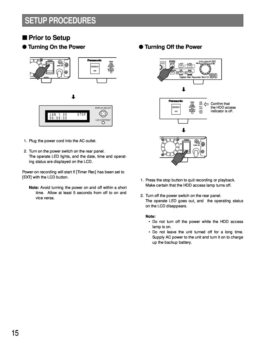 Panasonic WJ-HD100 operating instructions Setup Procedures, Prior to Setup, Turning On the Power, Turning Off the Power 