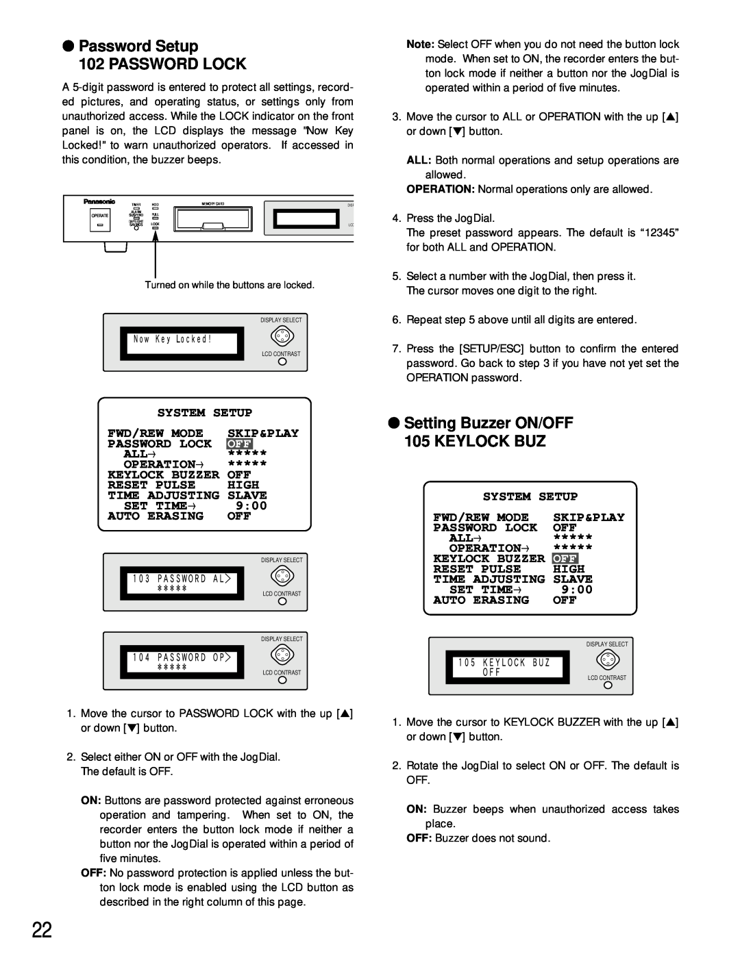 Panasonic WJ-HD100 operating instructions Password Setup 102 PASSWORD LOCK, Setting Buzzer ON/OFF 105 KEYLOCK BUZ 