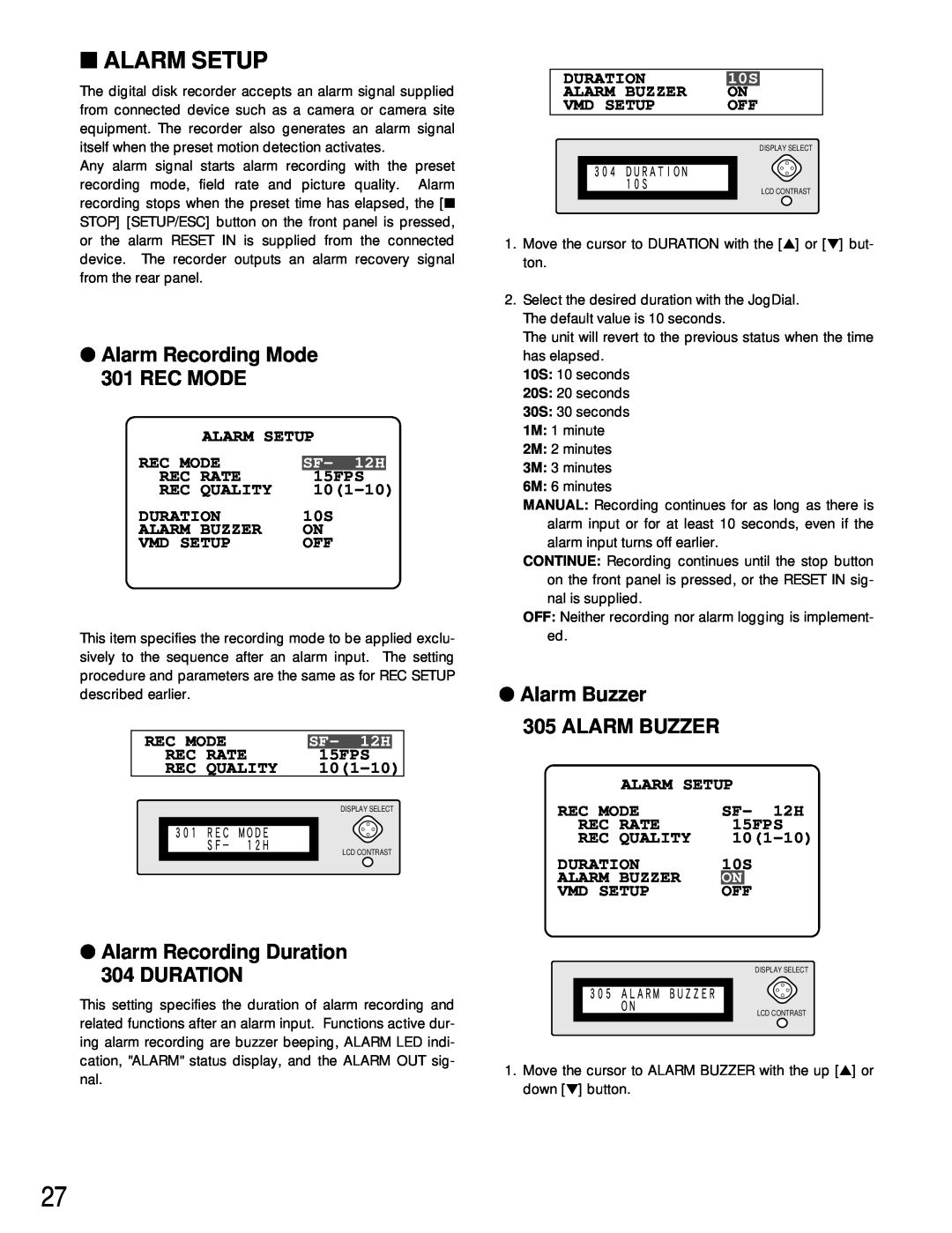 Panasonic WJ-HD100 Alarm Setup, Alarm Recording Mode 301 REC MODE, Alarm Recording Duration 304 DURATION, SF- 12H 