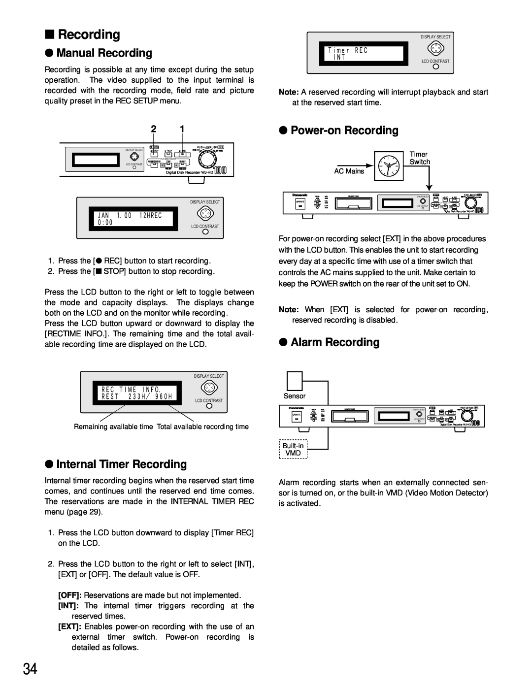 Panasonic WJ-HD100 Manual Recording, Internal Timer Recording, Power-onRecording, Alarm Recording 