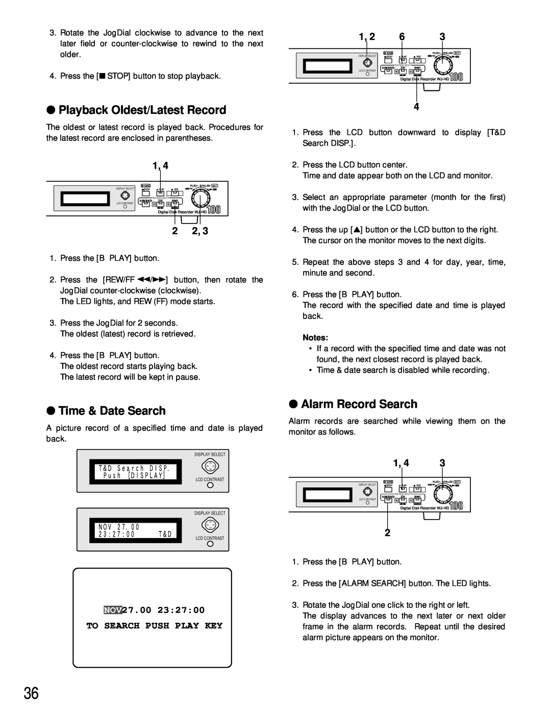 Panasonic WJ-HD100 operating instructions Playback Oldest/Latest Record, Time & Date Search, Alarm Record Search 