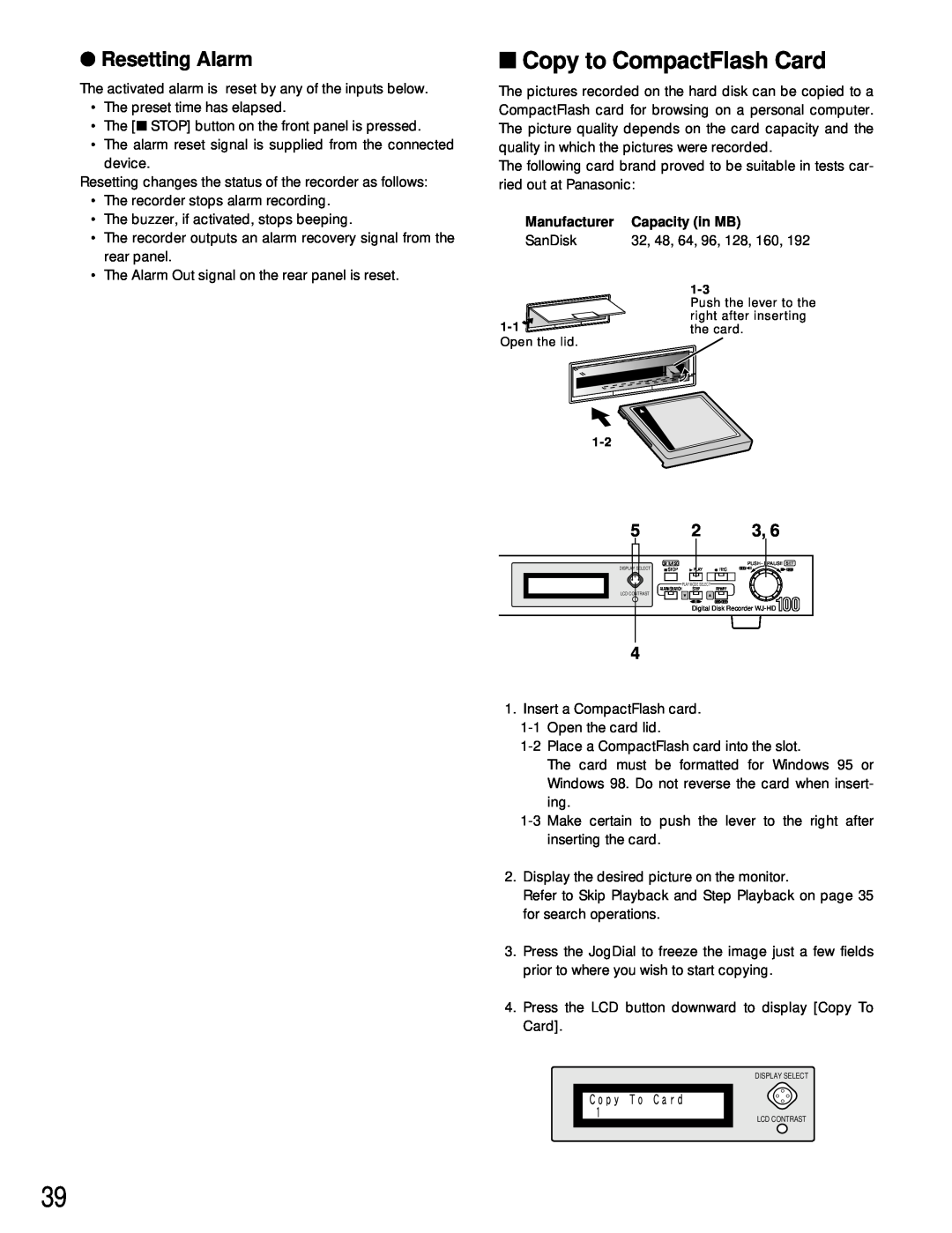 Panasonic WJ-HD100 operating instructions Copy to CompactFlash Card, Resetting Alarm, Manufacturer, Capacity in MB, SanDisk 