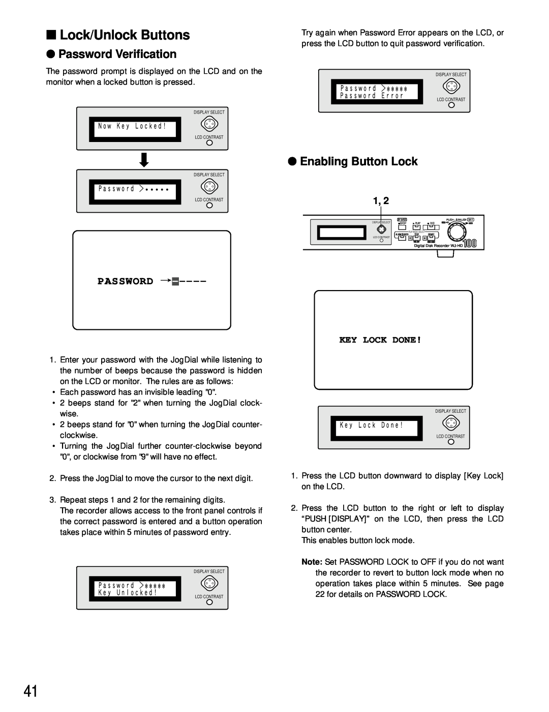 Panasonic WJ-HD100 operating instructions Lock/Unlock Buttons, Password Verification, Enabling Button Lock 